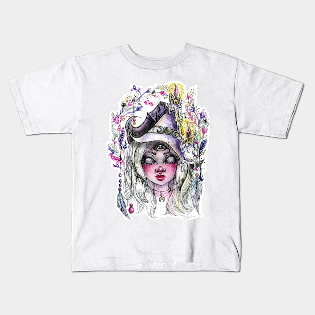 Flame Watercolor Witch Drawing Kids T-Shirt by Art Of Torie Wilson